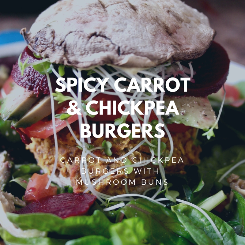 Spiced carrot and chickpea burgers with mushroom buns, avocado, beetroot, sprouts and salad